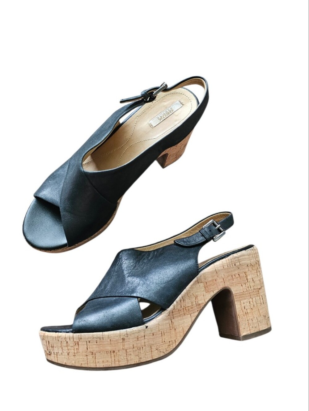 GEOX Black Leather Cork Platform Slingback Heels Size 38 EU